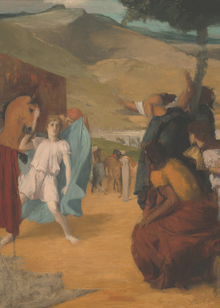 A vintage painting depicting a historical scene in an arid, hilly landscape. In the foreground, a young person in a white tunic and blue robe stands next to a horse, while a group of people in classical attire gesture towards the background. Print