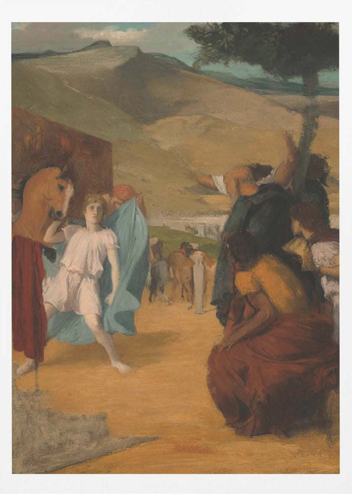 A vintage painting depicting a historical scene in an arid, hilly landscape. In the foreground, a young person in a white tunic and blue robe stands next to a horse, while a group of people in classical attire gesture towards the background. Print