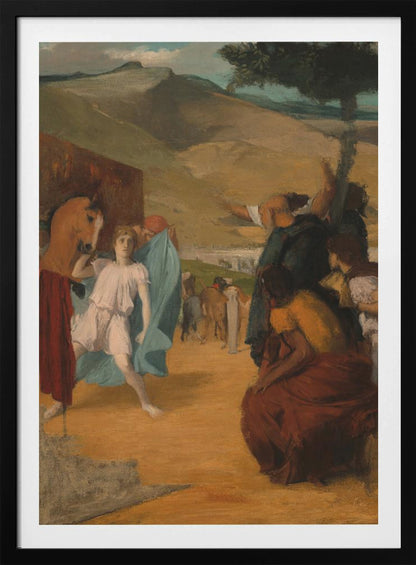 A vintage painting depicting a historical scene in an arid, hilly landscape. In the foreground, a young person in a white tunic and blue robe stands next to a horse, while a group of people in classical attire gesture towards the background. Print