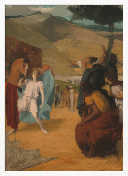 A vintage painting depicting a historical scene in an arid, hilly landscape. In the foreground, a young person in a white tunic and blue robe stands next to a horse, while a group of people in classical attire gesture towards the background. Print