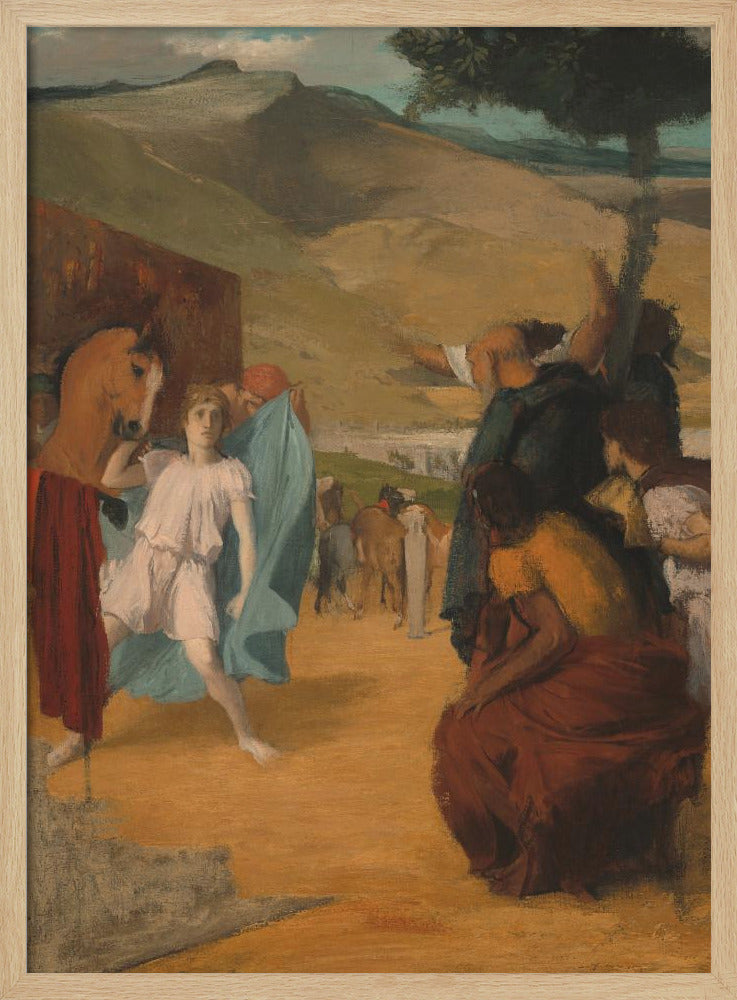 A vintage painting depicting a historical scene in an arid, hilly landscape. In the foreground, a young person in a white tunic and blue robe stands next to a horse, while a group of people in classical attire gesture towards the background. Print