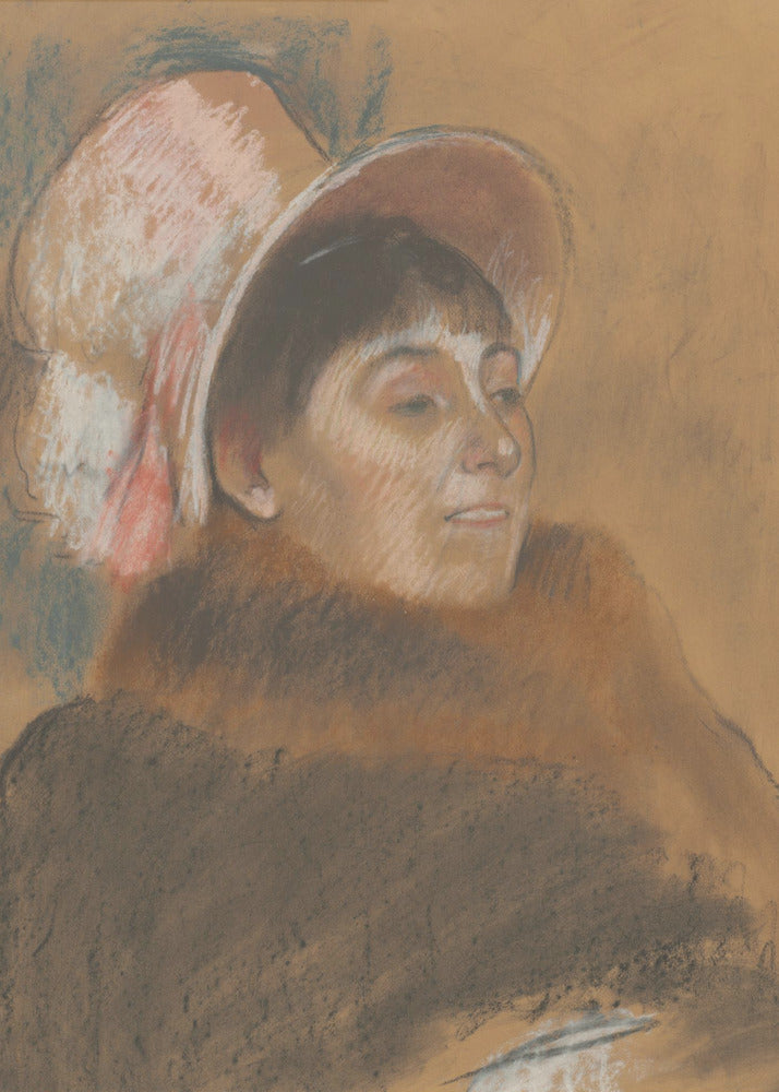 A vintage pastel portrait of a woman in three-quarter view, looking to her right. She has dark hair with bangs and is wearing a large, soft pink hat and a heavy brown coat. The background is a warm ochre color, and the overall style is sketchy and impressionistic. Artwork