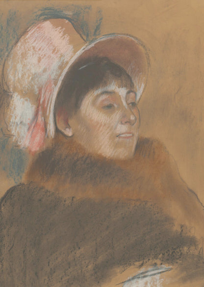 A vintage pastel portrait of a woman in three-quarter view, looking to her right. She has dark hair with bangs and is wearing a large, soft pink hat and a heavy brown coat. The background is a warm ochre color, and the overall style is sketchy and impressionistic. Artwork