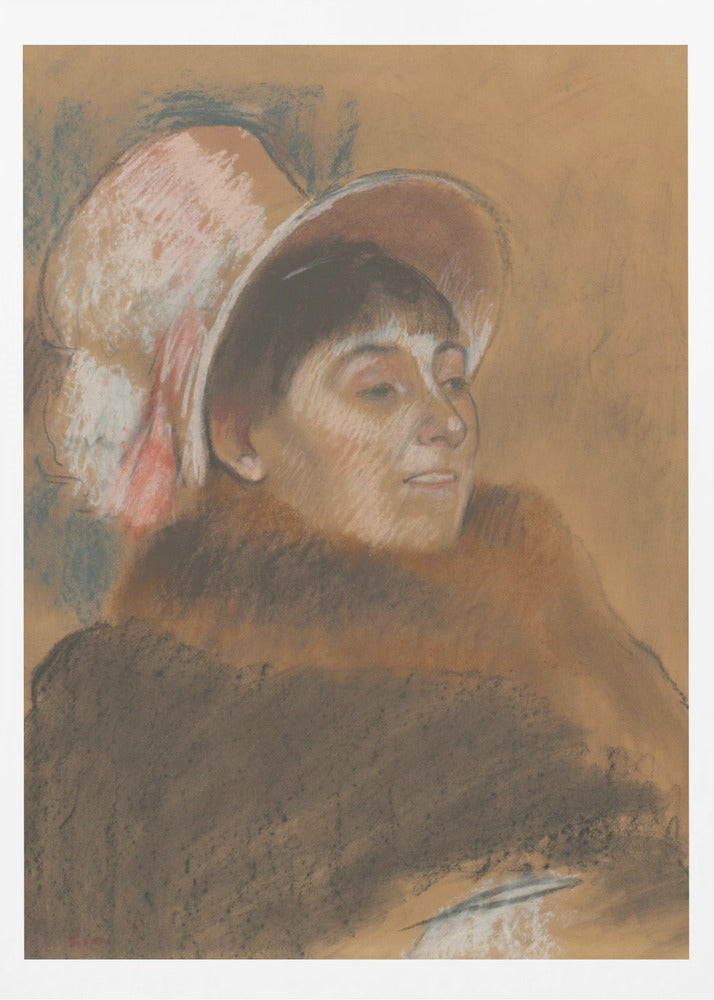 A vintage pastel portrait of a woman in three-quarter view, looking to her right. She has dark hair with bangs and is wearing a large, soft pink hat and a heavy brown coat. The background is a warm ochre color, and the overall style is sketchy and impressionistic. Artwork