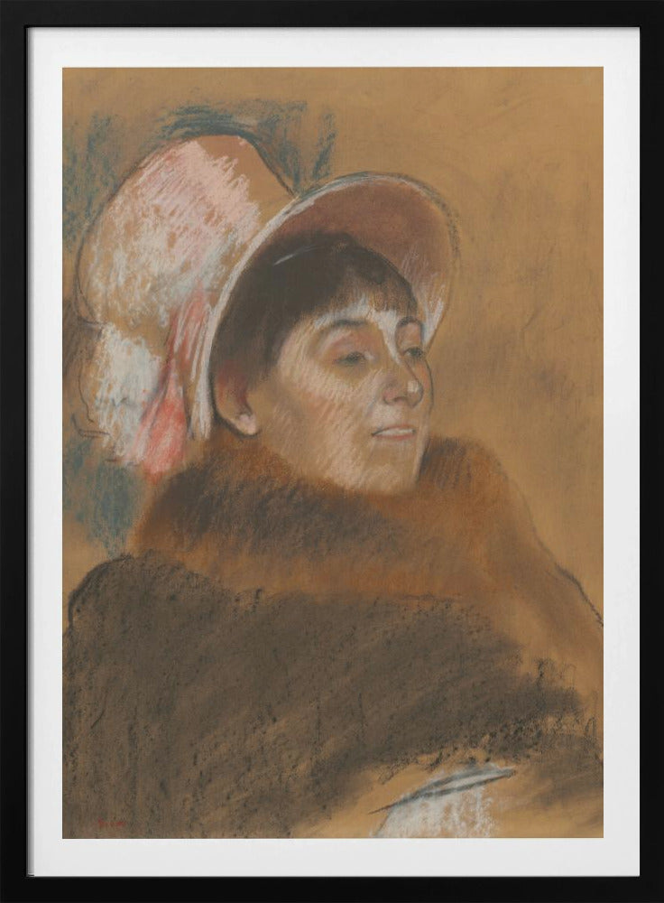 A vintage pastel portrait of a woman in three-quarter view, looking to her right. She has dark hair with bangs and is wearing a large, soft pink hat and a heavy brown coat. The background is a warm ochre color, and the overall style is sketchy and impressionistic. Artwork