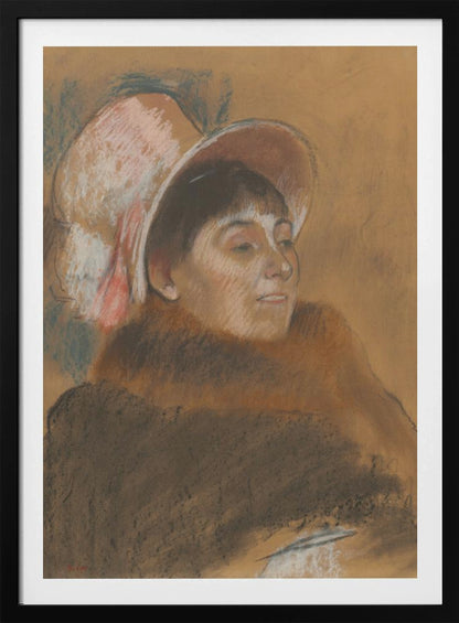 A vintage pastel portrait of a woman in three-quarter view, looking to her right. She has dark hair with bangs and is wearing a large, soft pink hat and a heavy brown coat. The background is a warm ochre color, and the overall style is sketchy and impressionistic. Artwork