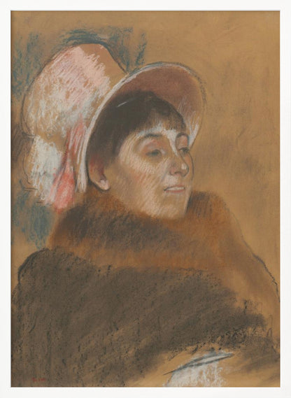 A vintage pastel portrait of a woman in three-quarter view, looking to her right. She has dark hair with bangs and is wearing a large, soft pink hat and a heavy brown coat. The background is a warm ochre color, and the overall style is sketchy and impressionistic. Artwork