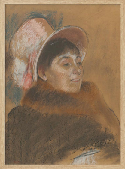 A vintage pastel portrait of a woman in three-quarter view, looking to her right. She has dark hair with bangs and is wearing a large, soft pink hat and a heavy brown coat. The background is a warm ochre color, and the overall style is sketchy and impressionistic. Artwork