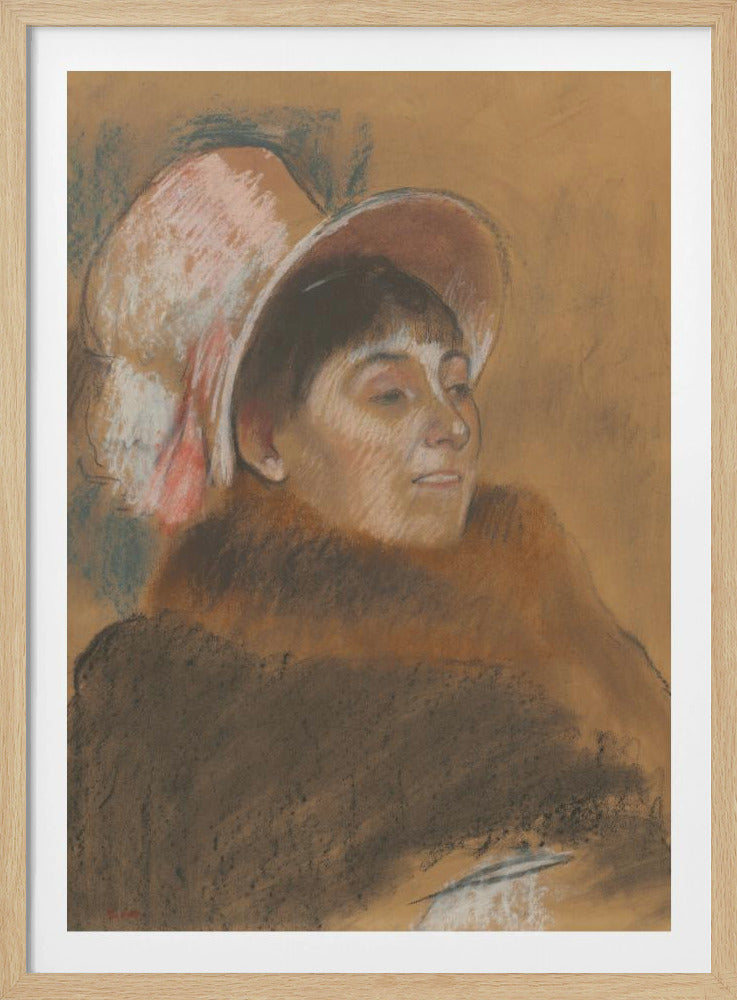 A vintage pastel portrait of a woman in three-quarter view, looking to her right. She has dark hair with bangs and is wearing a large, soft pink hat and a heavy brown coat. The background is a warm ochre color, and the overall style is sketchy and impressionistic. Artwork