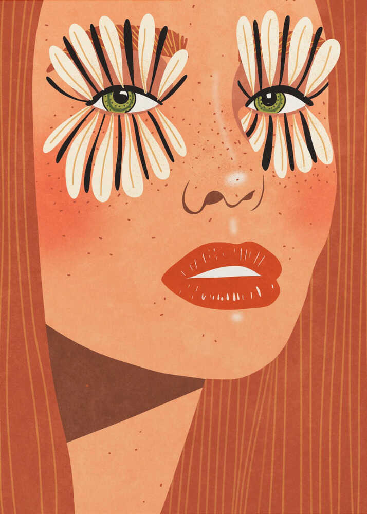 A stylized close-up illustration of a woman's face with long red hair, freckles, and green eyes. Her makeup is a bold, graphic design of black and white flower petals radiating around her eyes, and she has bright red lips. Decor