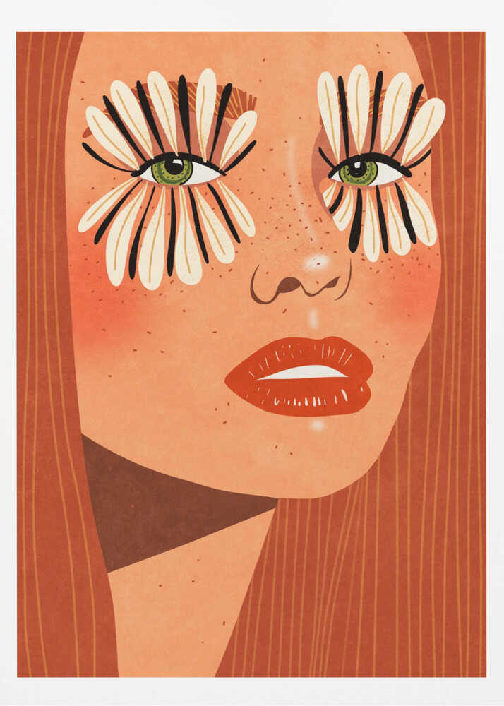A stylized close-up illustration of a woman's face with long red hair, freckles, and green eyes. Her makeup is a bold, graphic design of black and white flower petals radiating around her eyes, and she has bright red lips. Decor