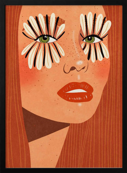 A stylized close-up illustration of a woman's face with long red hair, freckles, and green eyes. Her makeup is a bold, graphic design of black and white flower petals radiating around her eyes, and she has bright red lips. Decor