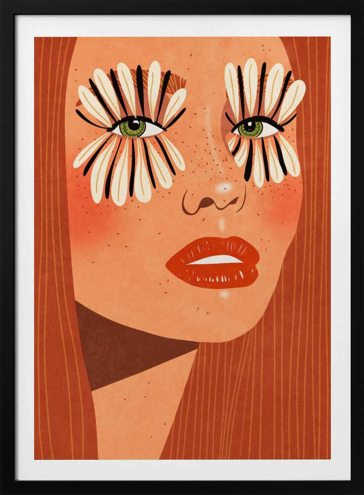 A stylized close-up illustration of a woman's face with long red hair, freckles, and green eyes. Her makeup is a bold, graphic design of black and white flower petals radiating around her eyes, and she has bright red lips. Decor
