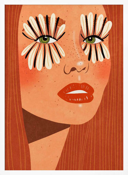 A stylized close-up illustration of a woman's face with long red hair, freckles, and green eyes. Her makeup is a bold, graphic design of black and white flower petals radiating around her eyes, and she has bright red lips. Decor
