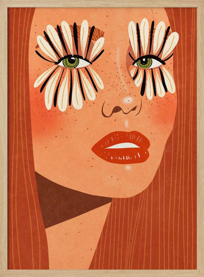 A stylized close-up illustration of a woman's face with long red hair, freckles, and green eyes. Her makeup is a bold, graphic design of black and white flower petals radiating around her eyes, and she has bright red lips. Decor