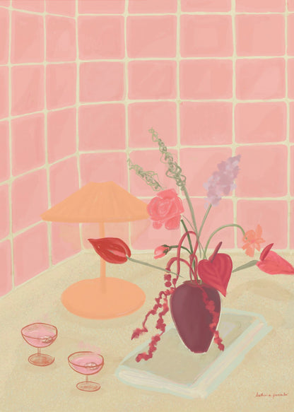 A painterly still life illustration of a countertop against a pink tiled wall, featuring a burgundy vase with an arrangement of red and pink flowers, an orange lamp, and two coupe glasses filled with a pink beverage. Poster