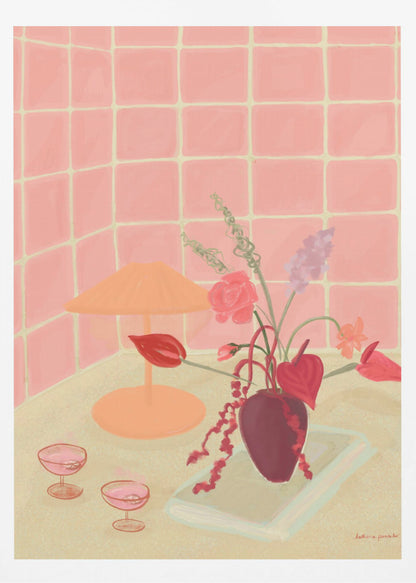 A painterly still life illustration of a countertop against a pink tiled wall, featuring a burgundy vase with an arrangement of red and pink flowers, an orange lamp, and two coupe glasses filled with a pink beverage. Poster