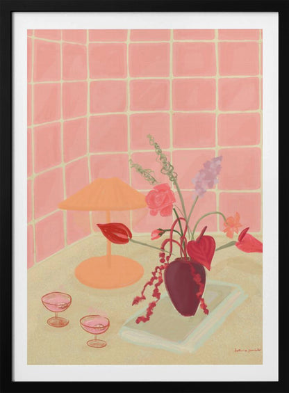 A painterly still life illustration of a countertop against a pink tiled wall, featuring a burgundy vase with an arrangement of red and pink flowers, an orange lamp, and two coupe glasses filled with a pink beverage. Poster