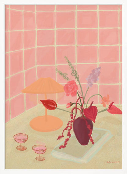 A painterly still life illustration of a countertop against a pink tiled wall, featuring a burgundy vase with an arrangement of red and pink flowers, an orange lamp, and two coupe glasses filled with a pink beverage. Poster