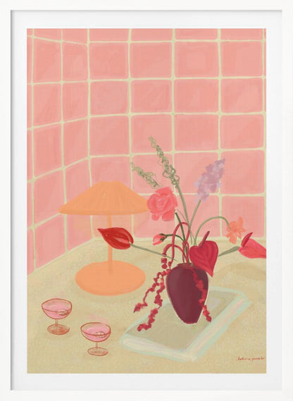 A painterly still life illustration of a countertop against a pink tiled wall, featuring a burgundy vase with an arrangement of red and pink flowers, an orange lamp, and two coupe glasses filled with a pink beverage. Poster