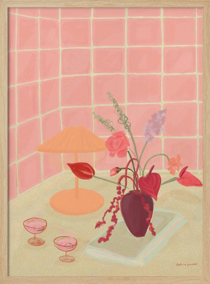 A painterly still life illustration of a countertop against a pink tiled wall, featuring a burgundy vase with an arrangement of red and pink flowers, an orange lamp, and two coupe glasses filled with a pink beverage. Poster