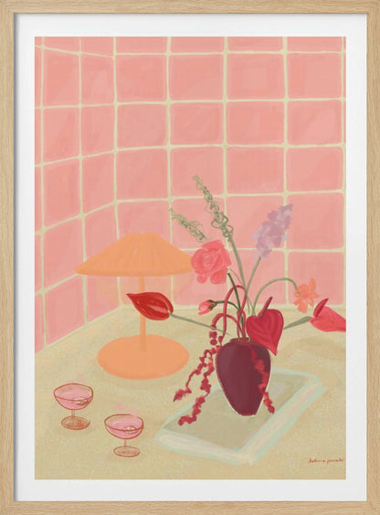 A painterly still life illustration of a countertop against a pink tiled wall, featuring a burgundy vase with an arrangement of red and pink flowers, an orange lamp, and two coupe glasses filled with a pink beverage. Poster