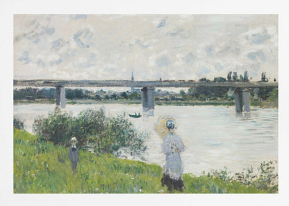 A scenic landscape art print by Claude Monet titled 'The Promenade With the Railroad Bridge, Argenteuil', depicting people on a promenade alongside a body of water with a railroad bridge in the background, characteristic of Impressionist style with soft colors and brushstrokes. Print