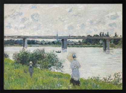 A scenic landscape art print by Claude Monet titled 'The Promenade With the Railroad Bridge, Argenteuil', depicting people on a promenade alongside a body of water with a railroad bridge in the background, characteristic of Impressionist style with soft colors and brushstrokes. Print