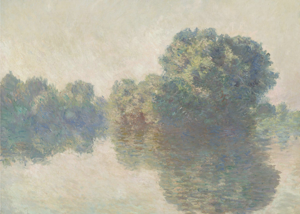 An impressionist painting of lush green trees on a riverbank, their forms blurred and reflected in the calm, hazy water below. The scene is rendered in soft, muted tones, creating a serene and atmospheric quality, and is presented in a simple silver frame. Artwork
