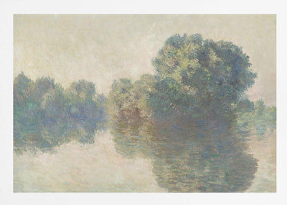 An impressionist painting of lush green trees on a riverbank, their forms blurred and reflected in the calm, hazy water below. The scene is rendered in soft, muted tones, creating a serene and atmospheric quality, and is presented in a simple silver frame. Artwork