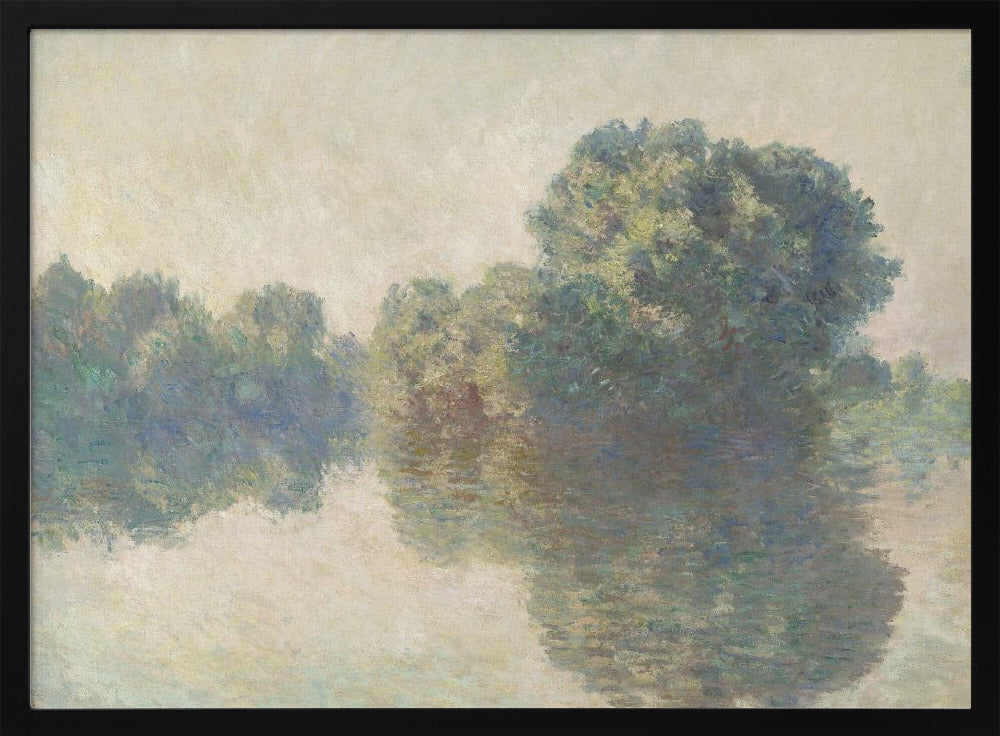 An impressionist painting of lush green trees on a riverbank, their forms blurred and reflected in the calm, hazy water below. The scene is rendered in soft, muted tones, creating a serene and atmospheric quality, and is presented in a simple silver frame. Artwork