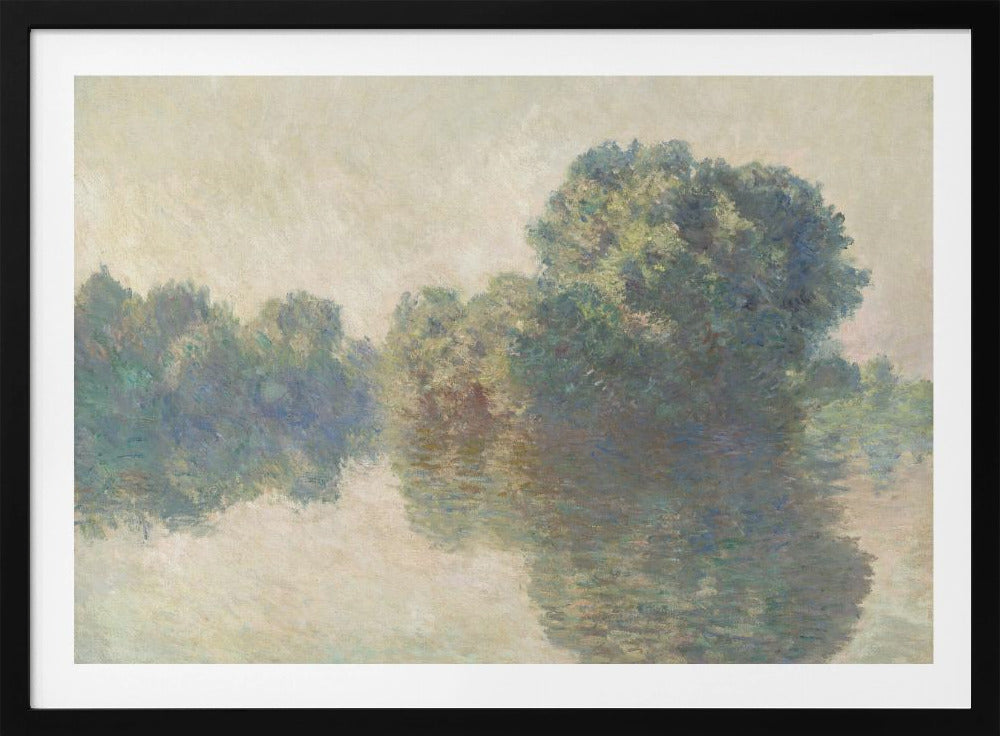 An impressionist painting of lush green trees on a riverbank, their forms blurred and reflected in the calm, hazy water below. The scene is rendered in soft, muted tones, creating a serene and atmospheric quality, and is presented in a simple silver frame. Artwork
