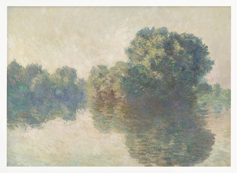 An impressionist painting of lush green trees on a riverbank, their forms blurred and reflected in the calm, hazy water below. The scene is rendered in soft, muted tones, creating a serene and atmospheric quality, and is presented in a simple silver frame. Artwork