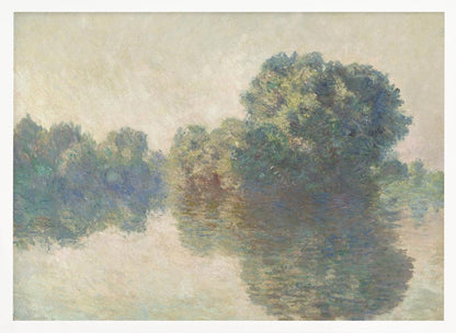 An impressionist painting of lush green trees on a riverbank, their forms blurred and reflected in the calm, hazy water below. The scene is rendered in soft, muted tones, creating a serene and atmospheric quality, and is presented in a simple silver frame. Artwork