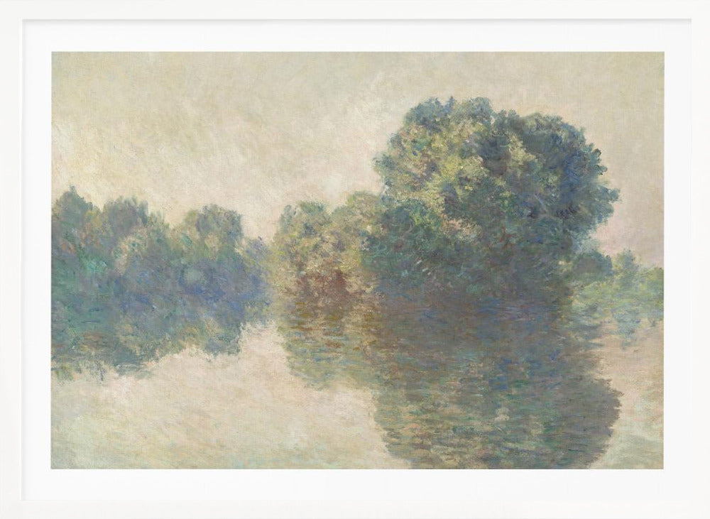 An impressionist painting of lush green trees on a riverbank, their forms blurred and reflected in the calm, hazy water below. The scene is rendered in soft, muted tones, creating a serene and atmospheric quality, and is presented in a simple silver frame. Artwork