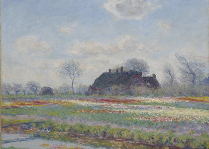 An Impressionist painting of a Dutch landscape featuring a field of colorful tulips in the foreground and a traditional farmhouse with a thatched roof in the background, under a cloudy blue sky. The artwork is displayed in a silver frame. Poster