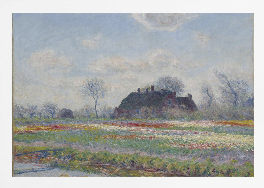An Impressionist painting of a Dutch landscape featuring a field of colorful tulips in the foreground and a traditional farmhouse with a thatched roof in the background, under a cloudy blue sky. The artwork is displayed in a silver frame. Poster