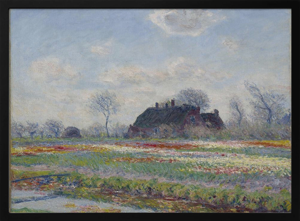 An Impressionist painting of a Dutch landscape featuring a field of colorful tulips in the foreground and a traditional farmhouse with a thatched roof in the background, under a cloudy blue sky. The artwork is displayed in a silver frame. Poster