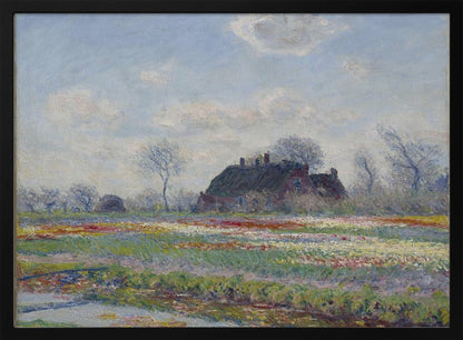 An Impressionist painting of a Dutch landscape featuring a field of colorful tulips in the foreground and a traditional farmhouse with a thatched roof in the background, under a cloudy blue sky. The artwork is displayed in a silver frame. Poster