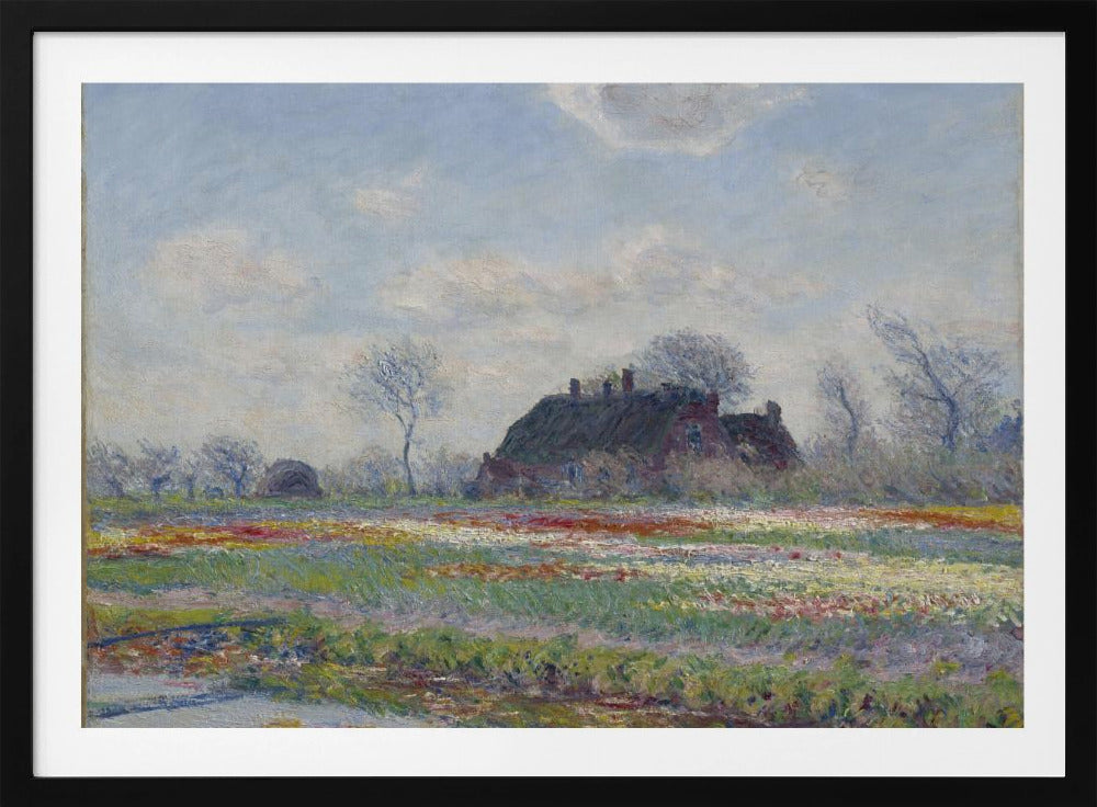 An Impressionist painting of a Dutch landscape featuring a field of colorful tulips in the foreground and a traditional farmhouse with a thatched roof in the background, under a cloudy blue sky. The artwork is displayed in a silver frame. Poster