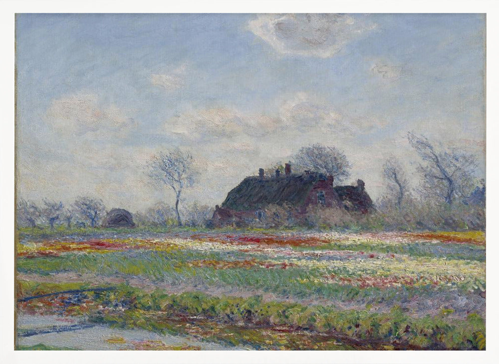 An Impressionist painting of a Dutch landscape featuring a field of colorful tulips in the foreground and a traditional farmhouse with a thatched roof in the background, under a cloudy blue sky. The artwork is displayed in a silver frame. Poster