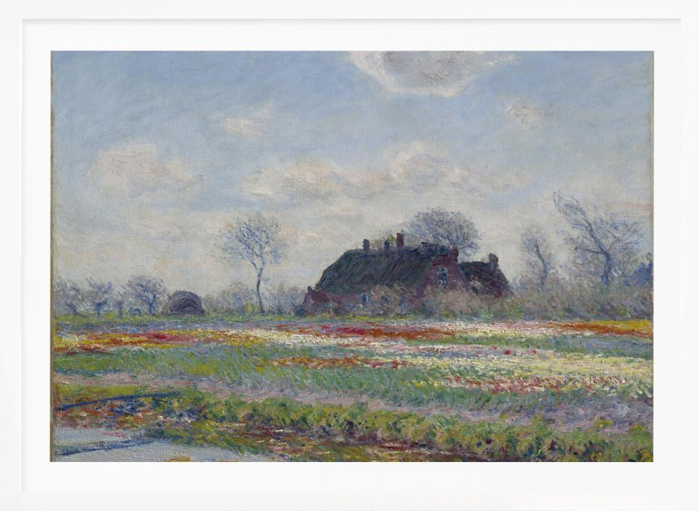 An Impressionist painting of a Dutch landscape featuring a field of colorful tulips in the foreground and a traditional farmhouse with a thatched roof in the background, under a cloudy blue sky. The artwork is displayed in a silver frame. Poster