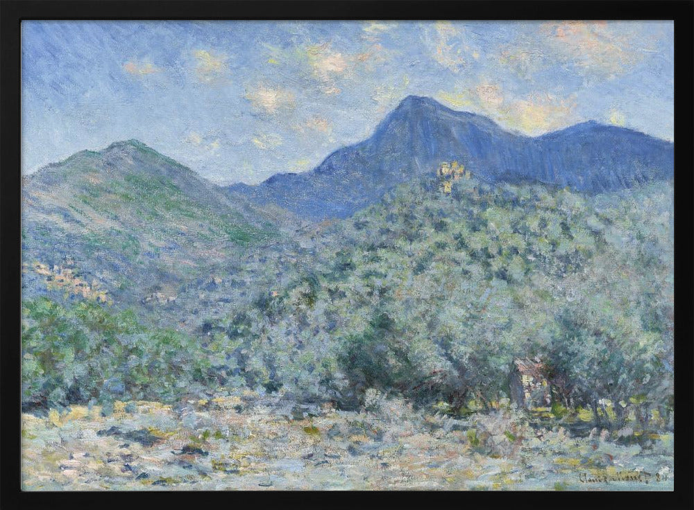 An Impressionist painting by Claude Monet, 'Valle Buona, near Bordighera', showcasing a vast landscape of rolling green hills and deep blue mountains under a light blue sky with wispy clouds. The painting, rendered in soft, textured brushstrokes, is presented in a simple silver frame. Print