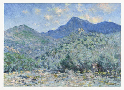 An Impressionist painting by Claude Monet, 'Valle Buona, near Bordighera', showcasing a vast landscape of rolling green hills and deep blue mountains under a light blue sky with wispy clouds. The painting, rendered in soft, textured brushstrokes, is presented in a simple silver frame. Print