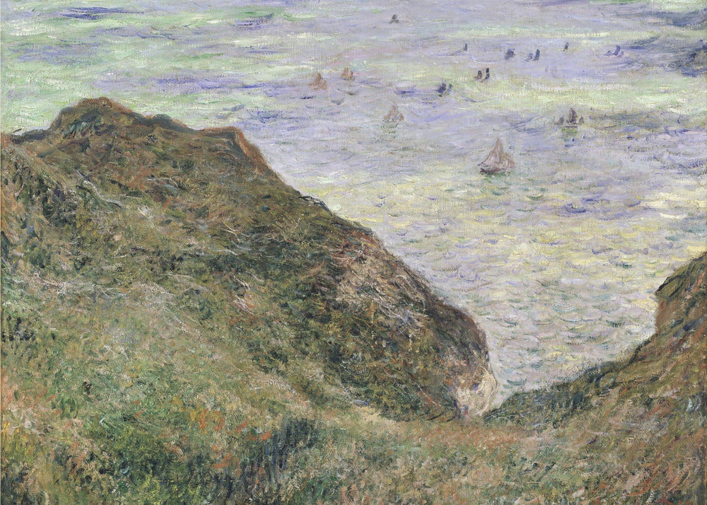 An impressionistic painting of a coastal scene, viewed from a high, grassy cliff looking down at the sea. The water is a mix of green, blue, and purple hues with several small sailboats scattered across its surface. The artwork is framed in a simple silver frame. Poster