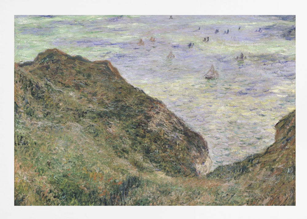 An impressionistic painting of a coastal scene, viewed from a high, grassy cliff looking down at the sea. The water is a mix of green, blue, and purple hues with several small sailboats scattered across its surface. The artwork is framed in a simple silver frame. Poster
