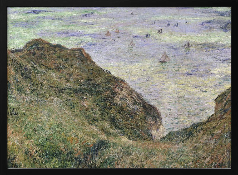 An impressionistic painting of a coastal scene, viewed from a high, grassy cliff looking down at the sea. The water is a mix of green, blue, and purple hues with several small sailboats scattered across its surface. The artwork is framed in a simple silver frame. Poster