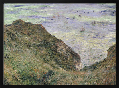 An impressionistic painting of a coastal scene, viewed from a high, grassy cliff looking down at the sea. The water is a mix of green, blue, and purple hues with several small sailboats scattered across its surface. The artwork is framed in a simple silver frame. Poster