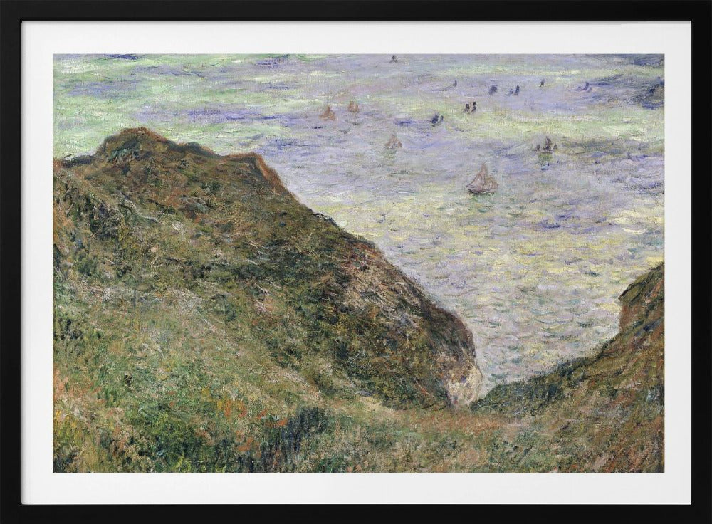 An impressionistic painting of a coastal scene, viewed from a high, grassy cliff looking down at the sea. The water is a mix of green, blue, and purple hues with several small sailboats scattered across its surface. The artwork is framed in a simple silver frame. Poster
