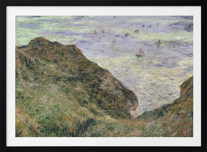 An impressionistic painting of a coastal scene, viewed from a high, grassy cliff looking down at the sea. The water is a mix of green, blue, and purple hues with several small sailboats scattered across its surface. The artwork is framed in a simple silver frame. Poster